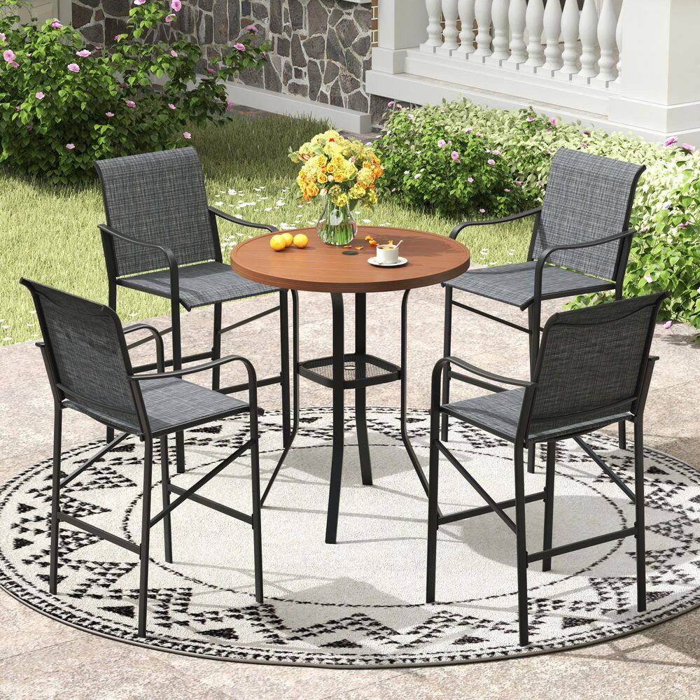 5-Piece Brown Metal Outdoor Serving Bar Set with Curved Armrests, Black Fabric Seats, Umbrella Hole price history on PriceWatchPro