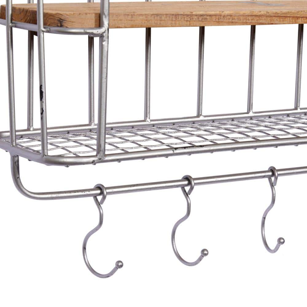 Gray Iron and Wood Wall Shelf with Hooks, Set of 2