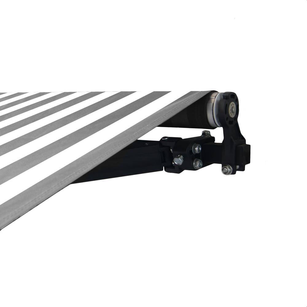 Gray and White Striped Retractable Patio Awning with Black Frame