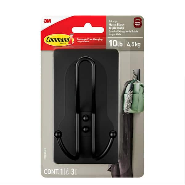4.7 in. X-Large Triple 10 lb. Load Capacity Utility Hook, Matte Black (1 Hook, 3 Strips)