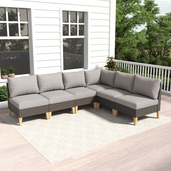 Gymojoy ChicRelax Brown 6-Piece Wicker Outdoor Sectional with Gray Cushions