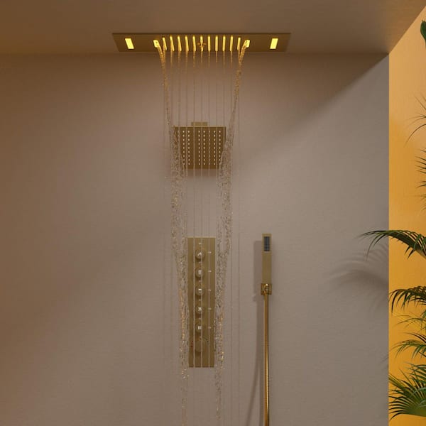 Aurora LED Bluetooth 5-Spray Ceiling Mount 23 in. and 15 in. Fixed Shower 10 in. Shower Handheld 2.5 GPM in Brushed Gold