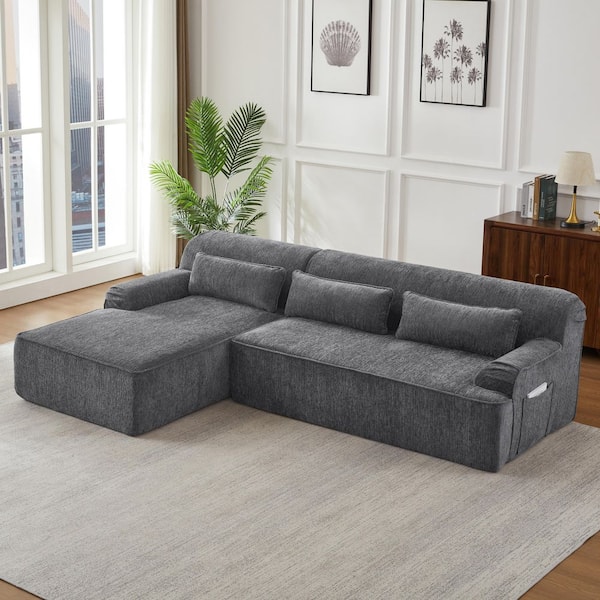 Denley 102.4 in. Chenille Upholstered L-Shaped Compressed Sectional Sofa in. Grey with Side Pockets