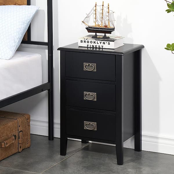 VECELO Nightstands End/Side Tables for Living Room Bedside with Three Storage Drawer, Vintage Accent Furniture，Black