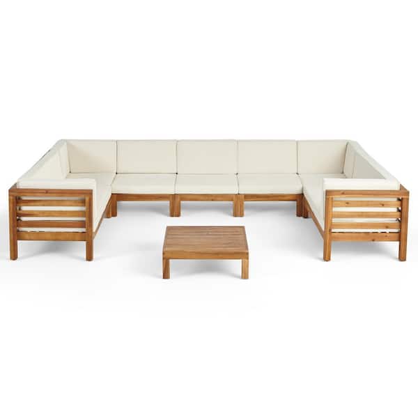 Noble House Oana Teak Brown 8-Piece Acacia Wood Outdoor Patio Conversation Sectional Seating Set with Beige Cushions