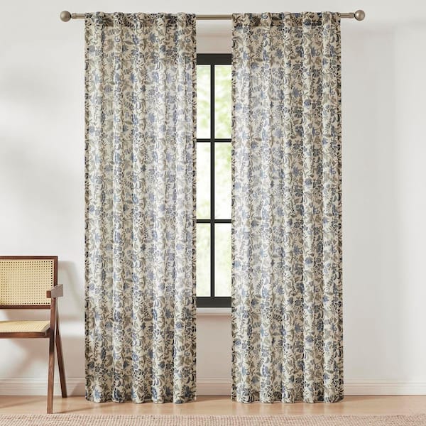 Lillian Block Print Blue/Sage Faux Linen 37 in. W x 84 in. L Rod Pocket Light Filtering Curtain (Set of 2)