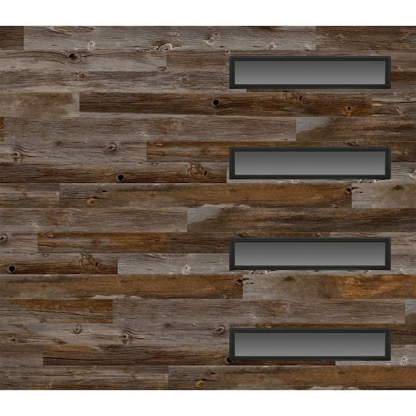 Modern Steel 8 ft. X 7 ft. 18.4 R-Value Insulated Wood Look Plank Barnwood Garage Door with Slim Windows