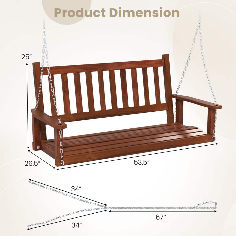 Brown Solid Wood 2-Person Outdoor Porch Swing with Metal Chains