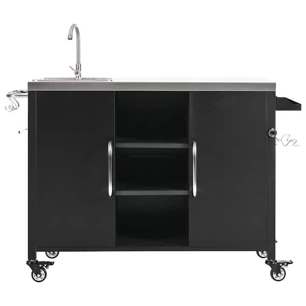 56 in. Black Kitchen Cart with Sink, Metal Grill Cart Table with Stainless Steel Sink, Outdoor Bar Cart Sink Station