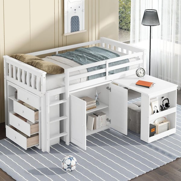 White Twin Wood Loft Bed with Storage Cabinet and Drawer