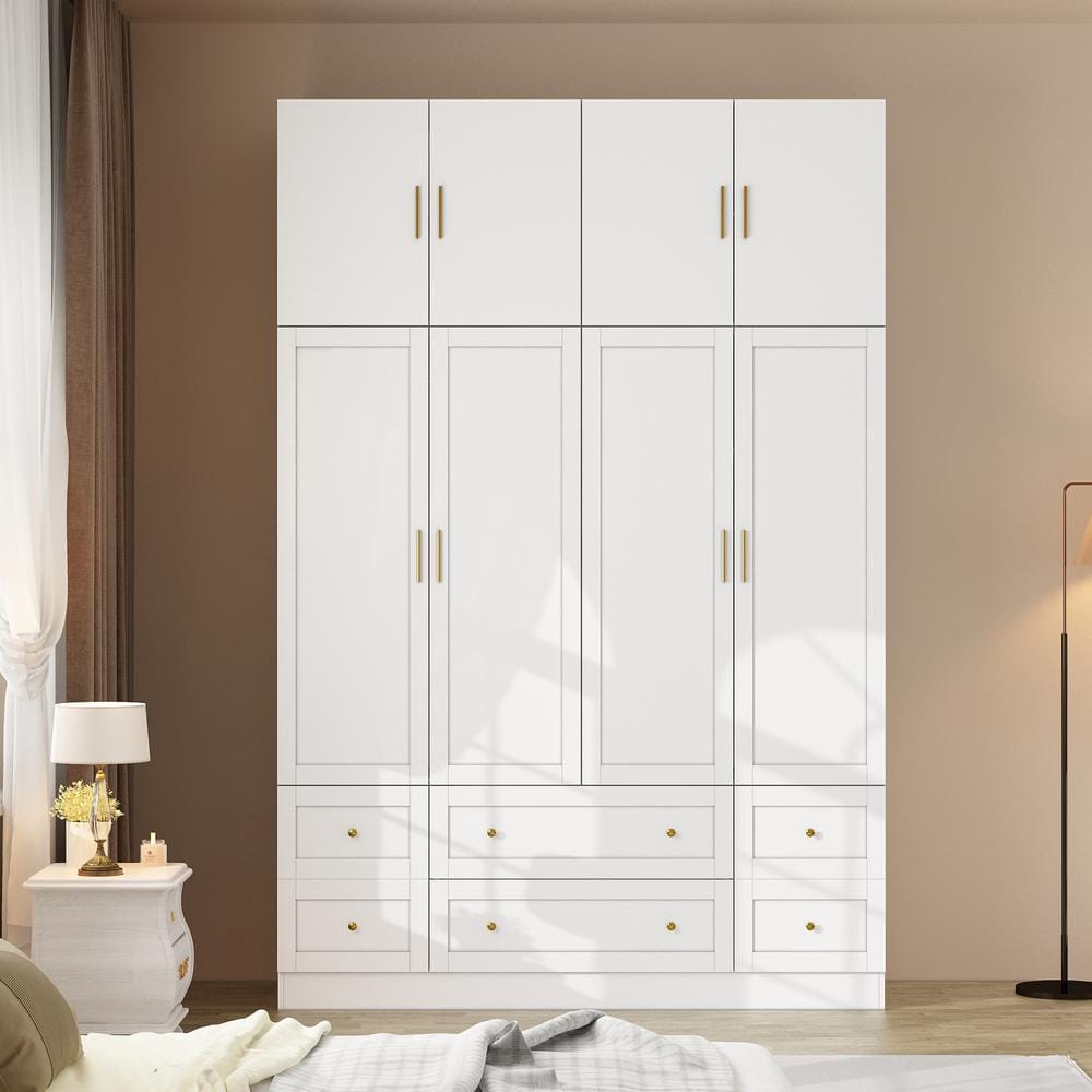 FUFU&GAGA White Wood 63 in. W 8-Door Large Wardrobe Armoires