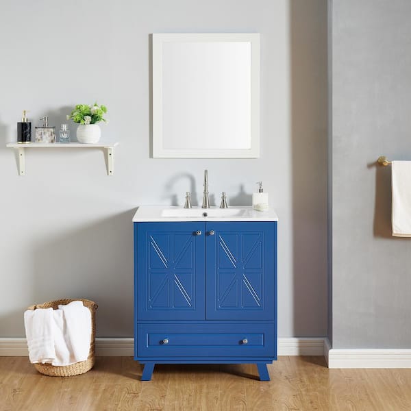 Staykiwi 30 in. W x 18.3 in. D x 33 in. H Single Sink Freestanding Bath Vanity in Blue with White Ceramic Top