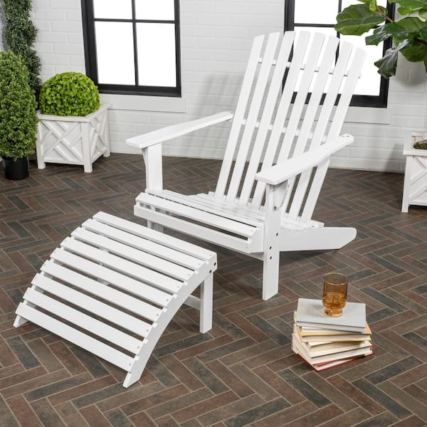 JONATHAN Y Saranac White Traditional Rustic Acacia Wood Adirondack Chair with Detachable Ottoman (2-Piece)