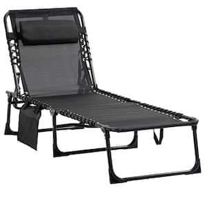 Metal Outdoor Chaise Lounge, Mesh Folding Chair Recliner with Adjustable Backrest, Headrest and Storage Bag, Black