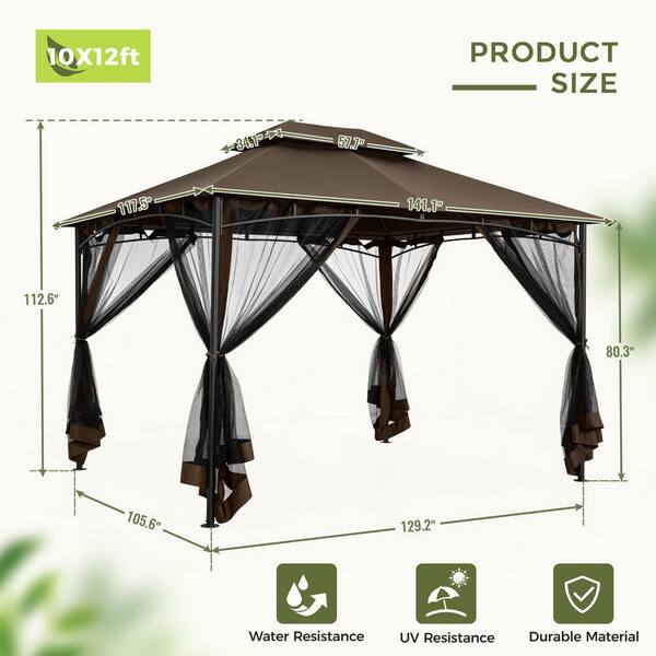 EGEIROSLIFE 10 ft. x 12 ft. Brown Double Roof Soft Top Metal Patio