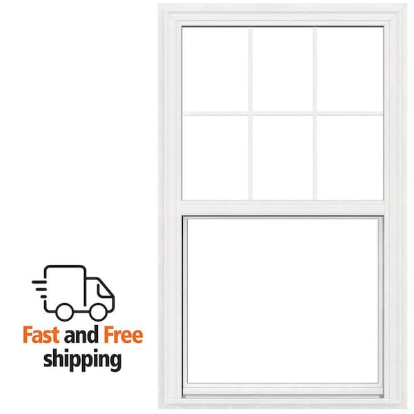 V-2500 Series 29.5 in. x 40 in. Double Pane Double Hung Vinyl Low-E White Nail Fin Frame Brickmould Window with Grids