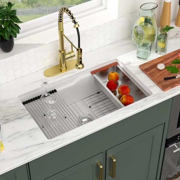 Logmey 32 in. Fireclay Workstation Sink White Undermount Kitchen