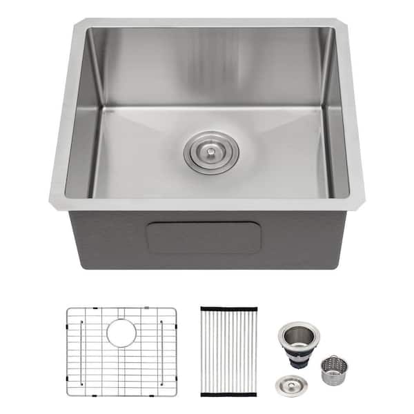 21 in. Undermount Single Bowl 18 Gauge Brushed Nickel Stainless Steel Kitchen Sink with Basket Strainer