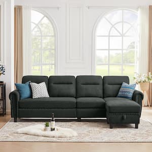 106.69 in. Wide Black Round-Arm Fabric 4 Seater L Shaped Reversible Sectional Sofa with Side Storage Bags