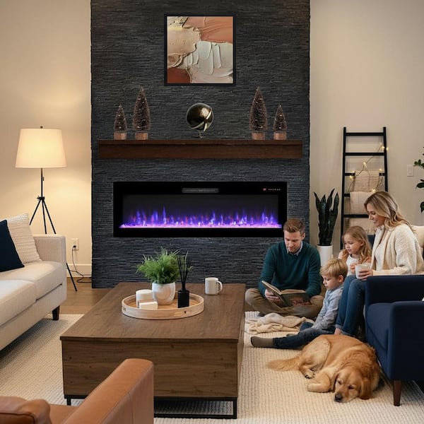 60 in. 1400-Watt Black 5000 BTU Recessed Electric Fireplace Utility Convection Infrared Space Heater with Remote