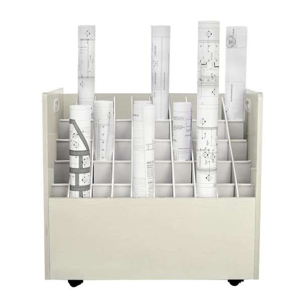 50-Compartment White Mobile Wood Roll File Storage Organizer