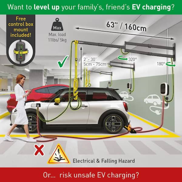 Barkan Weatherproof Elegant EV Charging Cable Wall Arm Protective Retractable 63 in. 5Y Warranty Level 1 Level 2 Charger