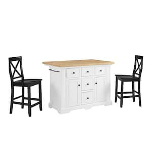 Tileon Cream White Kitchen Island Set w/ 2-Stools Rustic Wood Dining Table  Kitchen Prep Table with 2-Open Shelf and Walnut Top AYBSZHD294 - The Home  Depot