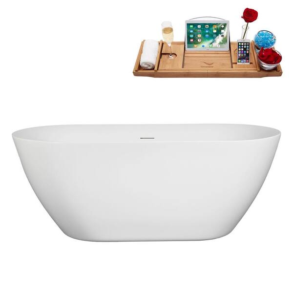 Streamline 59 in. x 28 in. Acrylic Freestanding Soaking Bathtub in Glossy White with Matte Black Drain, Bamboo Tray