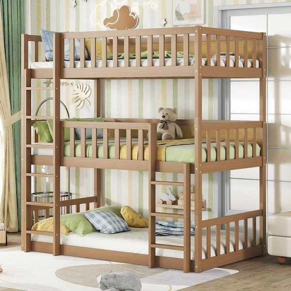 Natural Yellow Triple Twin Size Bunk Bed with Ladders and Detachable Guardrails
