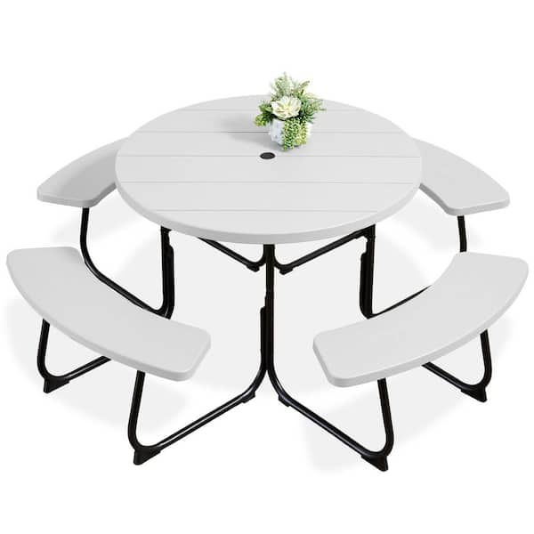 75 in. White Round Steel Picnic Table Seats 8 People with Umbrella Hole
