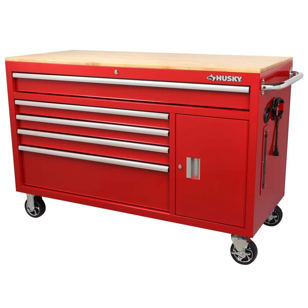 Husky 56 in. W x 25 in. D Standard Duty 5-Drawer 1-Door Mobile Workbench Tool Chest with Solid Wood Top in Gloss Red, Gloss Red with Silver Trim -  H56MWC5GRXD