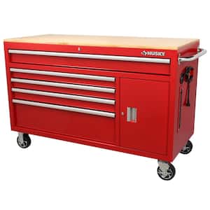 56 in. W x 25 in. D Standard Duty 5-Drawer 1-Door Mobile Workbench Tool Chest with Solid Wood Top in Gloss Red