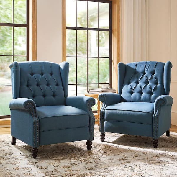 Camilo Blue Polyester Manual Recliner with Solid Wood Legs (Set of 2)