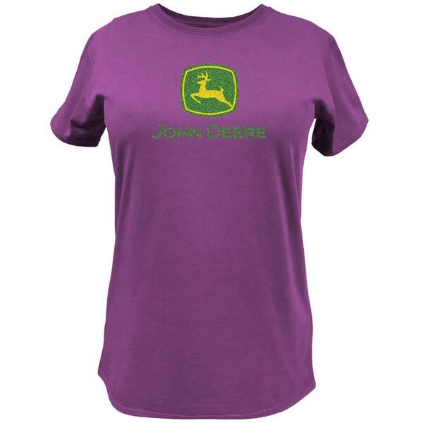 John Deere Basic Glitter Print Medium Adult Ladies Crew Neck Tee Shirt in Fuchsia