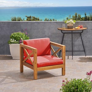 Brava Teak Brown Removable Cushions Wood Outdoor Lounge Chair with Red Cushions