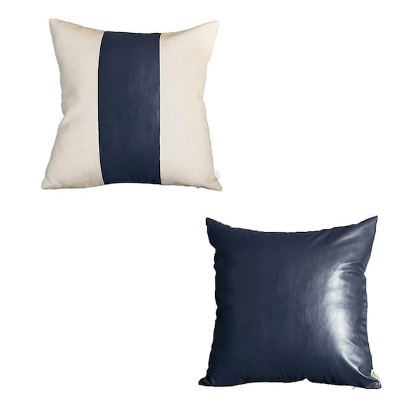 MIKE & Co. NEW YORK Navy Blue Bohemian Handmade Vegan Faux Leather Mixed Solid 17 in. x 17 in. Throw Pillow (Set of 2)