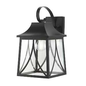 Drackert 15 in. 1-Light Flat Black Hardwired Outdoor Wall Lantern Sconce with Seedy Glass