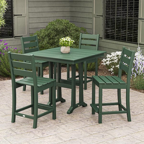 POLYWOOD Grant Park Green 5-Piece HDPE Plastic Side Chair Farmhouse Trestle Counter Set