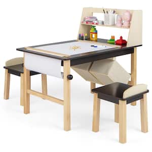 3-Piece Kids Wood Top Art Table and Chairs Set Drawing Desk with Paper Roll Storage Shelf Bins