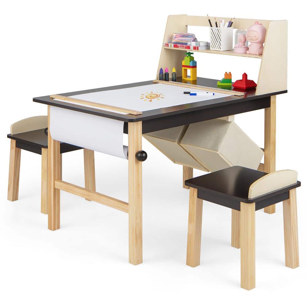 Costway 3-Piece Kids Wood Top Art Table and Chairs Set Drawing Desk ...