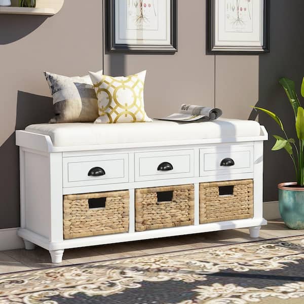 GODEER 19 in. H x 42 in. L x 15 in. W Rustic White Storage Bench with 3-Drawers, 3-Rattan Baskets, Shoe Bench for Entryway