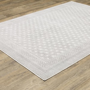 Monticello White/Gray 10 ft. x 13 ft. Border Distressed Oriental Panel Polyester Indoor Area Rug
