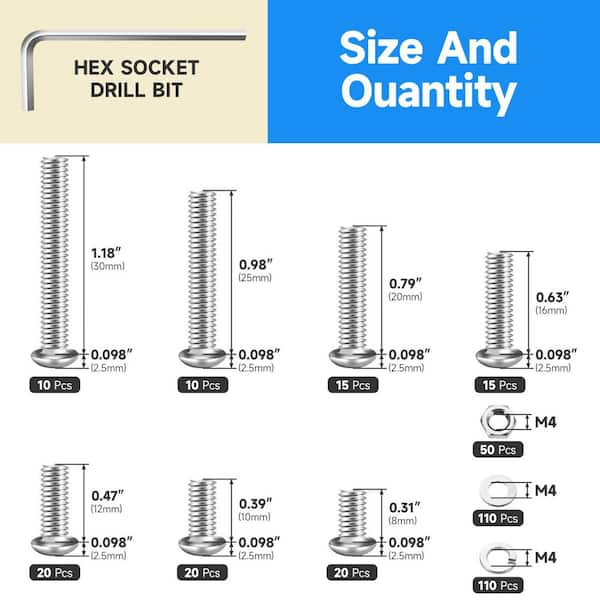 380-Pieces M4 Screw Nuts and Bolts Assortment Kit 304 Stainless Steel Button Head Hex Socket Cap Metric Screws Bolts