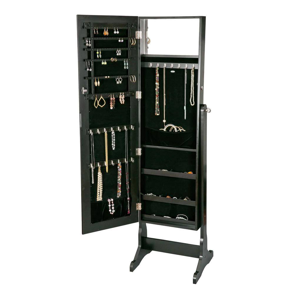 Black Wood Wall Mounted Jewelry Armoire with Mirror
