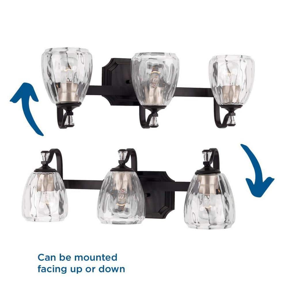 Anjoux Antique Bronze 3-Light Bath Vanity Fixture with Clear Water Glass Shades