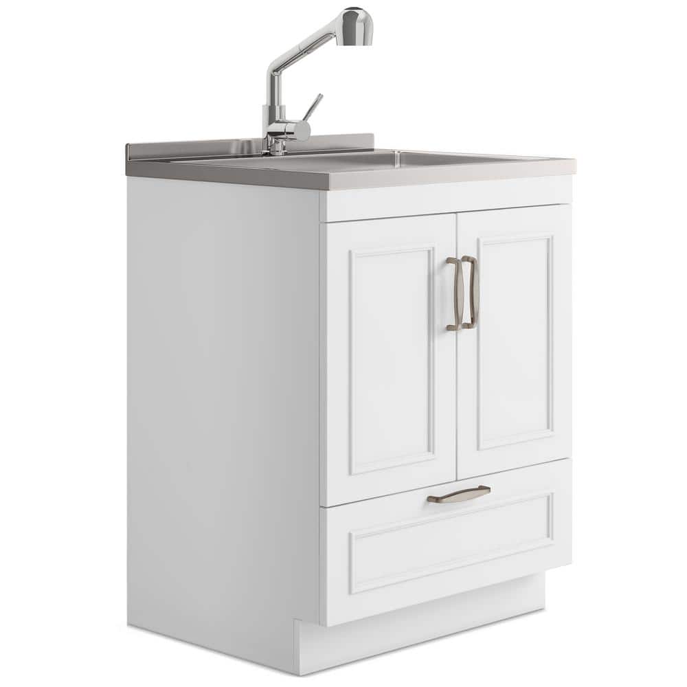 White 28-Inch Laundry Cabinet with Stainless Steel Sink