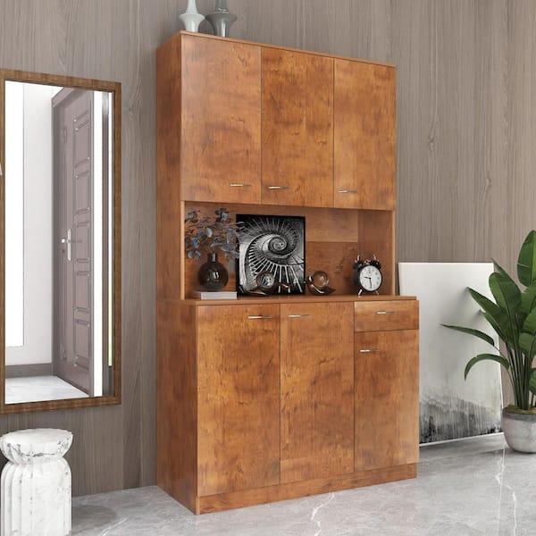URTR Walnut Freestanding Storage Cabinet with 6 Doors, 1 Open Shelves and 1 Drawer, Wardrobe and Kitchen Cabinet for Bedroom