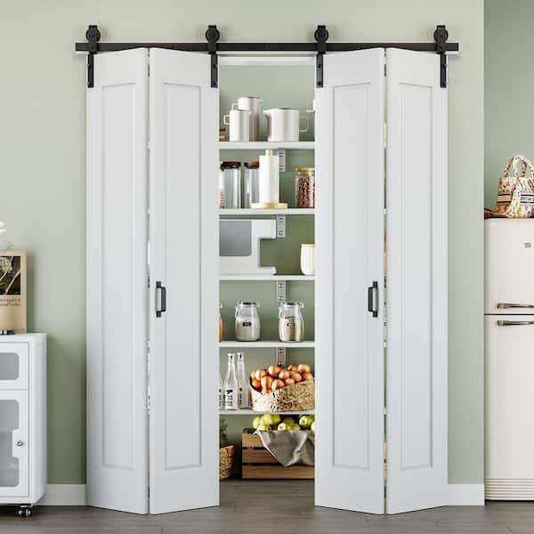 64 in. x 84 in. Easy Install 1-Panel White Primed MDF Composite Bi-Fold Sliding Barn Door with Hardware Kit and Handle