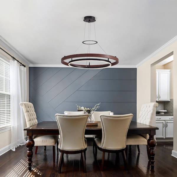 31.5 in. Brown Modern Dual Ring 1-Light LED Dimmable Pendant Light for Living Room, Dining Room, Kitchen Island