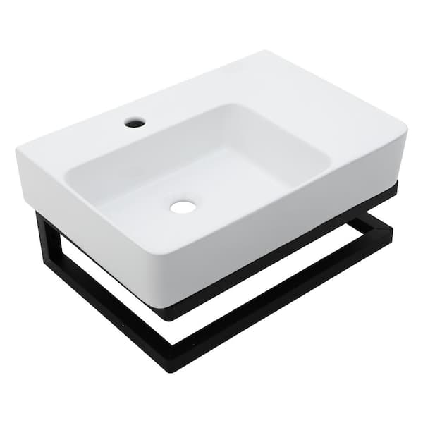 LORDEAR 23 in. White Wall-Mount Rectangular Ceramic Bathroom Console Sink with Single Faucet Hole and Black Towel Bar